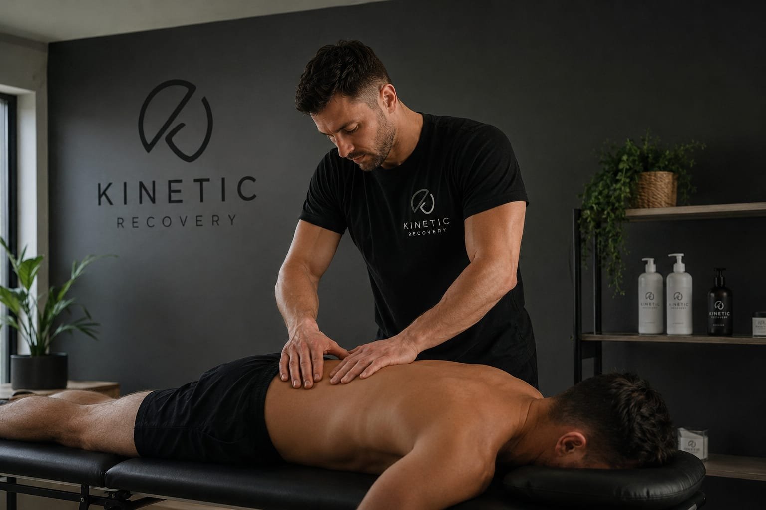 Kinetic Recovery therapist providing massage treatment in a branded treatment room